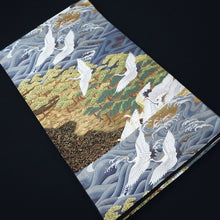 Load image into Gallery viewer, Fukuro Obi Gold Black White Flying Cranes Curling Wave Silk BB309V8