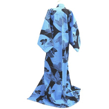 Load image into Gallery viewer, Yukata Vintage(1950-1980) Light Blue Black Butterfly Cotton #10482A5