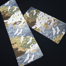 Load image into Gallery viewer, Fukuro Obi Gold Black White Flying Cranes Curling Wave Silk BB309V8