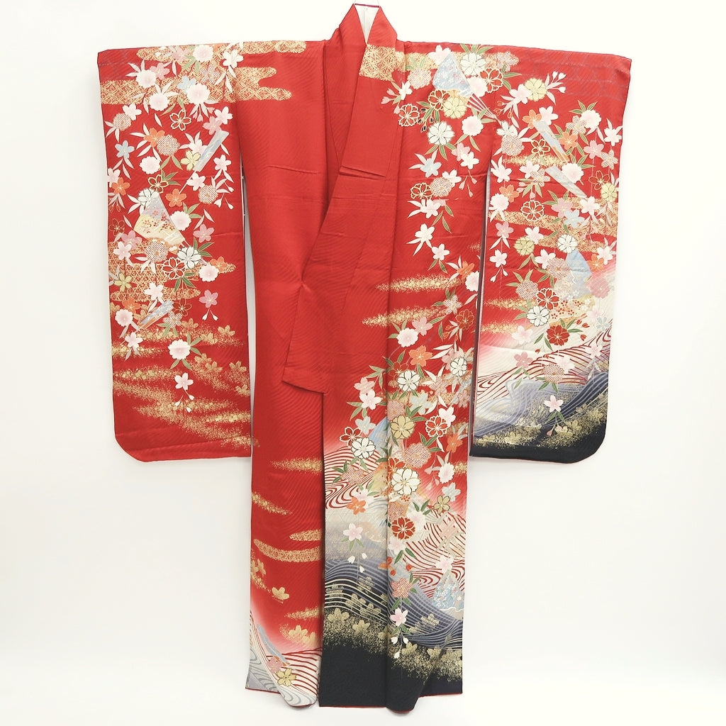 Furisode Red Gold Sakura Crane Birds Wave Silk #9676J3 – Mikula Kimono