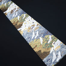 Load image into Gallery viewer, Fukuro Obi Gold Black White Flying Cranes Curling Wave Silk BB309V8