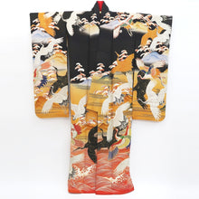 Load image into Gallery viewer, Furisode Vintage(1920-1950) Black Crane Birds Embroidery Tall Silk #9613H5