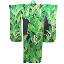 Load image into Gallery viewer, Furisode Black Green Leaves Orchid Silk #10311F1