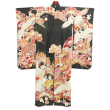 Load image into Gallery viewer, Furisode Vintage(1920-1950) Black Crane Birds Silk #11105Z1