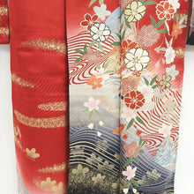 Load image into Gallery viewer, Furisode Red Gold Sakura Crane Birds Wave Silk #9676J3