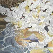 Load image into Gallery viewer, Fukuro Obi Gold Black White Flying Cranes Curling Wave Silk BB309V8
