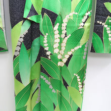 Load image into Gallery viewer, Furisode Black Green Leaves Orchid Silk #10311F1