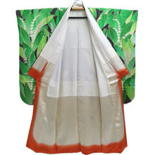 Load image into Gallery viewer, Furisode Black Green Leaves Orchid Silk #10311F1