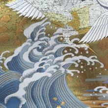Load image into Gallery viewer, Fukuro Obi Gold Black White Flying Cranes Curling Wave Silk BB309V8