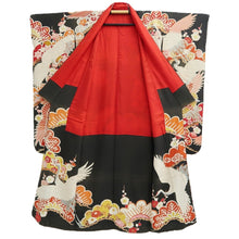 Load image into Gallery viewer, Furisode Vintage(1920-1950) Black Crane Birds Silk #11105Z1