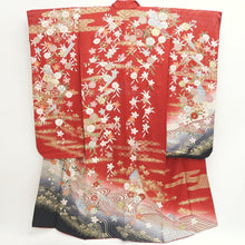Load image into Gallery viewer, Furisode Red Gold Sakura Crane Birds Wave Silk #9676J3
