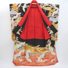 Load image into Gallery viewer, Furisode Vintage(1920-1950) Black Crane Birds Embroidery Tall Silk #9613H5