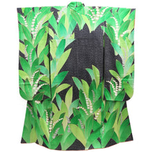 Load image into Gallery viewer, Furisode Black Green Leaves Orchid Silk #10311F1