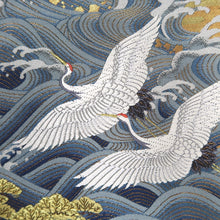 Load image into Gallery viewer, Fukuro Obi Gold Black White Flying Cranes Curling Wave Silk BB309V8