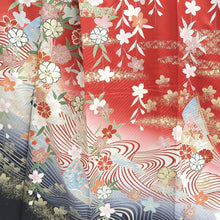 Load image into Gallery viewer, Furisode Red Gold Sakura Crane Birds Wave Silk #9676J3