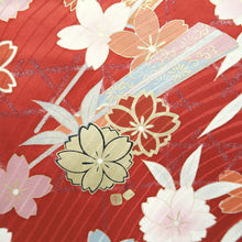 Load image into Gallery viewer, Furisode Red Gold Sakura Crane Birds Wave Silk #9676J3