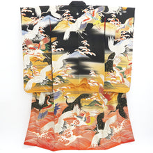 Load image into Gallery viewer, Furisode Vintage(1920-1950) Black Crane Birds Embroidery Tall Silk #9613H5