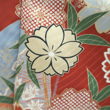 Load image into Gallery viewer, Furisode Red Gold Sakura Crane Birds Wave Silk #9676J3