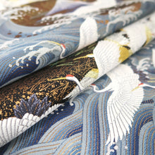 Load image into Gallery viewer, Fukuro Obi Gold Black White Flying Cranes Curling Wave Silk BB309V8