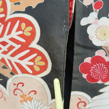Load image into Gallery viewer, Furisode Vintage(1920-1950) Black Crane Birds Silk #11105Z1