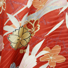 Load image into Gallery viewer, Furisode Red Gold Sakura Crane Birds Wave Silk #9676J3