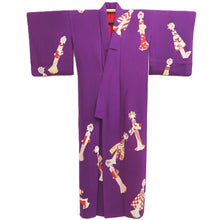 Load image into Gallery viewer, Kimono Vintage(1950-1980) Purple Kokeshi Dolls Silk #10777D4