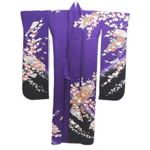 Load image into Gallery viewer, Furisode Purple Blackish Crane Birds Cherry Blossom Tall Silk #11081A5
