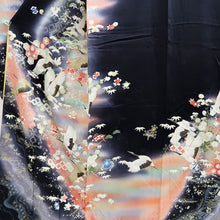 Load image into Gallery viewer, Furisode Black Crane Birds Silk #10333F2
