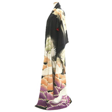 Load image into Gallery viewer, Furisode Vintage(Pre-1920) Black Crane Birds Silk #11106Z1