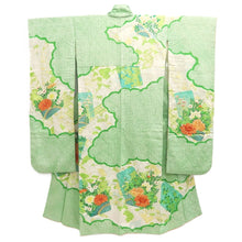 Load image into Gallery viewer, Furisode Green Shibori Chrysanthemum Peony Silk #10542B3