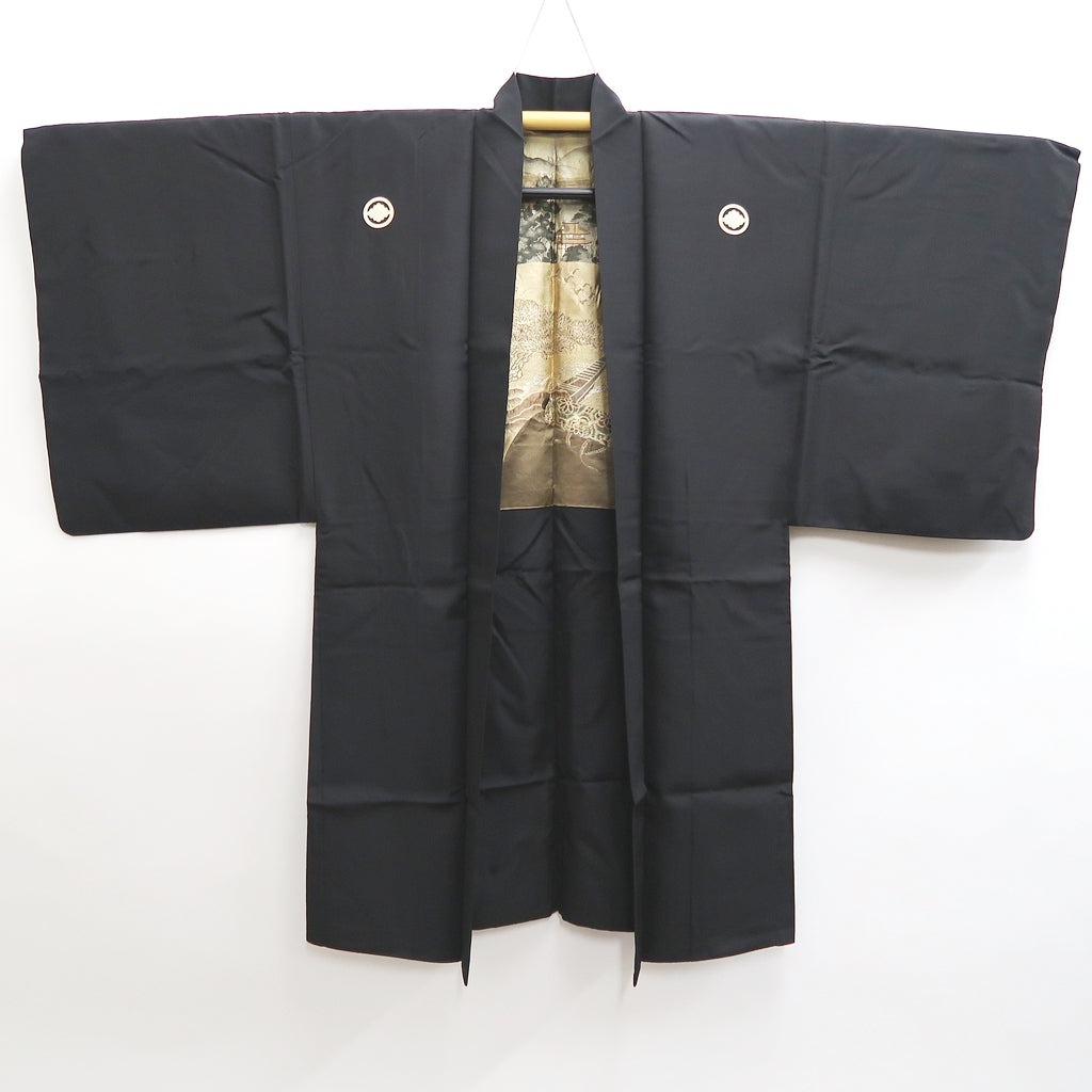 Men's Haori Vintage(1950-1980) Black Montsuki Habutae Kyoto