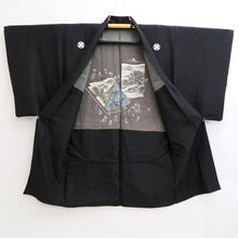 Load image into Gallery viewer, Men's Haori Vintage(1950-1980) Black Montsuki Habutae Ukiyoe Silk #10881E4