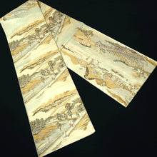 Load image into Gallery viewer, Fukuro Obi Gold Green Light Blue Tokaido53 Ukiyoe Landscape Silk BB342V9