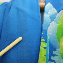 Load image into Gallery viewer, Furisode Blue Green Tree Silk #10303E5