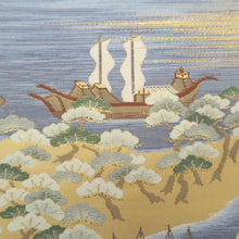 Load image into Gallery viewer, Fukuro Obi Gold White Blue Landscape Silk BB272V5

