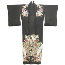 Load image into Gallery viewer, Tomesode Vintage(1920-1950) Black Hand painted Crane Birds Silk #10403A1