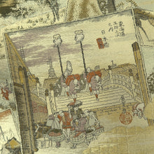 Load image into Gallery viewer, Fukuro Obi Gold Green Light Blue Tokaido53 Ukiyoe Landscape Silk BB342V9