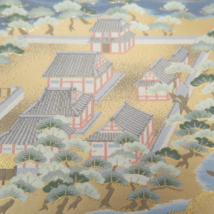 Fukuro Obi Gold White Blue Landscape Silk BB272V5