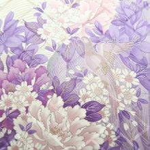 Load image into Gallery viewer, Furisode White Lavender Bird Flower Yamato Silk #10553B4