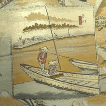 Load image into Gallery viewer, Fukuro Obi Gold Green Light Blue Tokaido53 Ukiyoe Landscape Silk BB342V9