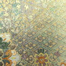 Load image into Gallery viewer, Fukuro Obi Gold Green Peony Maple Leaf Silk BB329V9