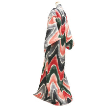 Load image into Gallery viewer, Kimono Vintage(1920-1950) Red Black Green Meisen Wave Silk #10768D4