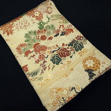 Load image into Gallery viewer, Maru Obi Vintage(1920-1950) Beige Gold Crane Birds Peony Kiku Silk BB284V6
