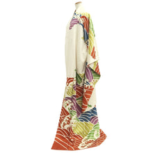 Load image into Gallery viewer, Furisode Vintage(1950-1980) White Red Blue Curling Wave Silk #10564B4