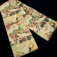 Load image into Gallery viewer, Maru Obi Vintage(1920-1950) Beige Gold Crane Birds Peony Kiku Silk BB284V6