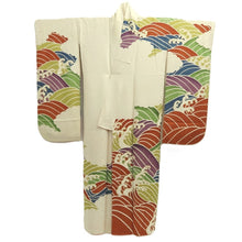 Load image into Gallery viewer, Furisode Vintage(1950-1980) White Red Blue Curling Wave Silk #10564B4