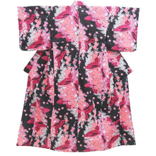 Load image into Gallery viewer, Yukata Black Magenta Butterfly Cherry Blossom Cotton #10748D3