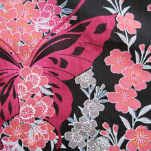 Load image into Gallery viewer, Yukata Black Magenta Butterfly Cherry Blossom Cotton #10748D3