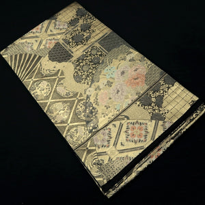 Fukuro Obi Gold Peony Folding Fan Karahana Silk BB274V5