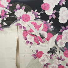 Load image into Gallery viewer, Furisode White Black Crane Birds Azalea Tall Silk #10335F2